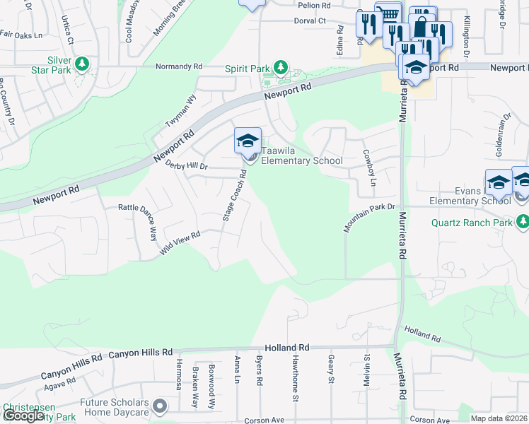 map of restaurants, bars, coffee shops, grocery stores, and more near 30704 Stage Coach Road in Menifee
