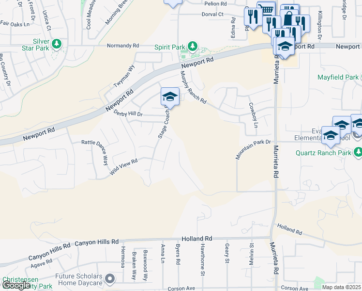 map of restaurants, bars, coffee shops, grocery stores, and more near Byers Road in Menifee