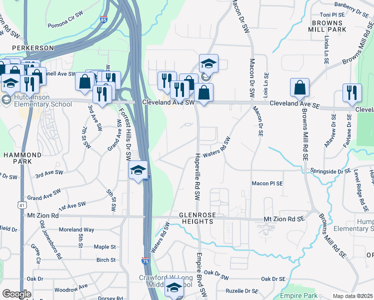 map of restaurants, bars, coffee shops, grocery stores, and more near 2829 Hapeville Road Southwest in Atlanta