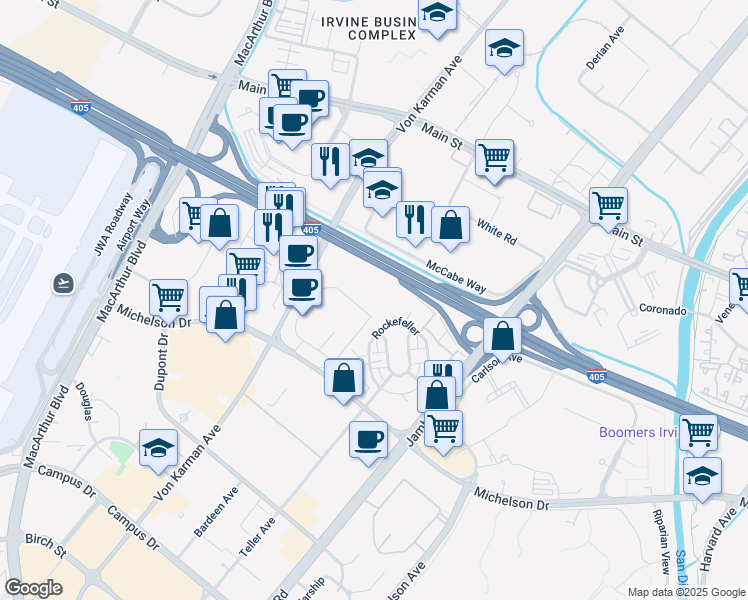 map of restaurants, bars, coffee shops, grocery stores, and more near 18050 Von Karman Avenue in Irvine