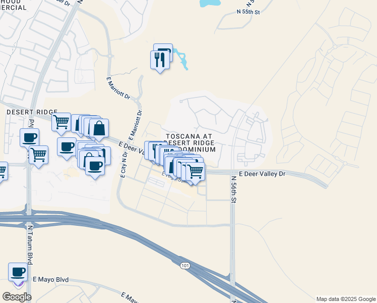 map of restaurants, bars, coffee shops, grocery stores, and more near 5350 East Deer Valley Drive in Phoenix