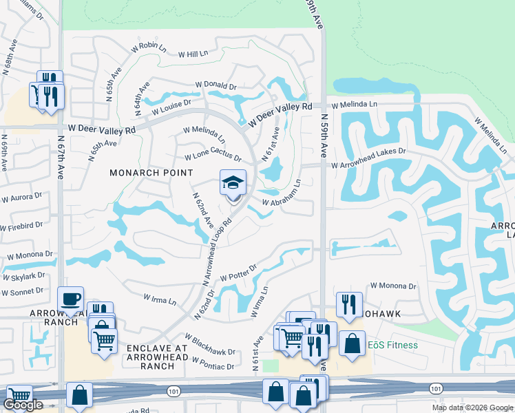 map of restaurants, bars, coffee shops, grocery stores, and more near 6091 West Abraham Lane in Glendale