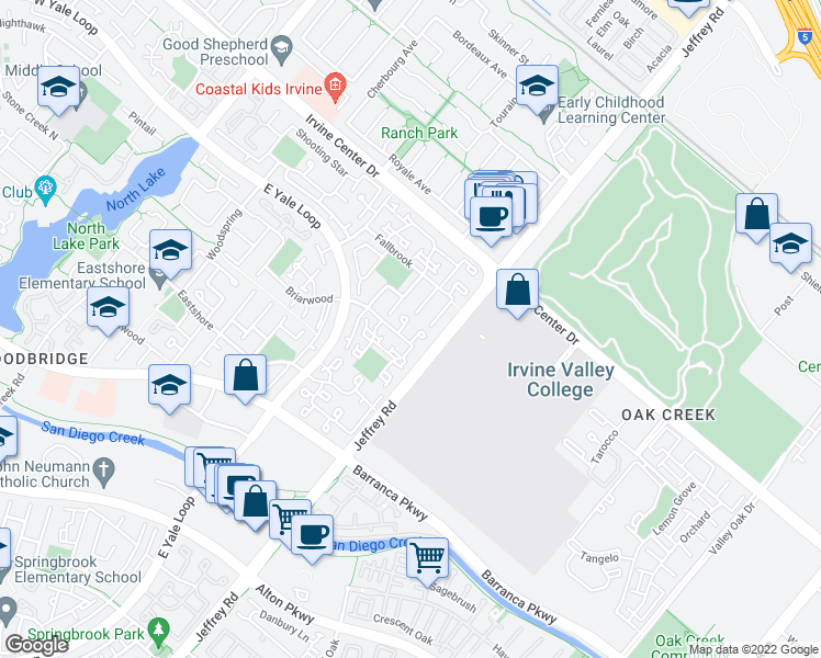 map of restaurants, bars, coffee shops, grocery stores, and more near 5 Fallbrook in Irvine