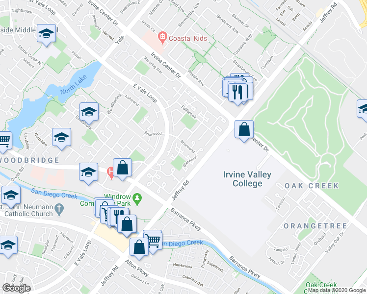 map of restaurants, bars, coffee shops, grocery stores, and more near 137 Briarwood in Irvine