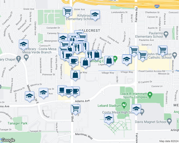 map of restaurants, bars, coffee shops, grocery stores, and more near 1380 Village Way in Costa Mesa