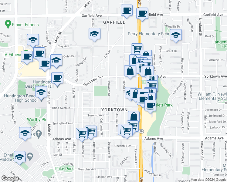 map of restaurants, bars, coffee shops, grocery stores, and more near 2312 Delaware Street in Huntington Beach