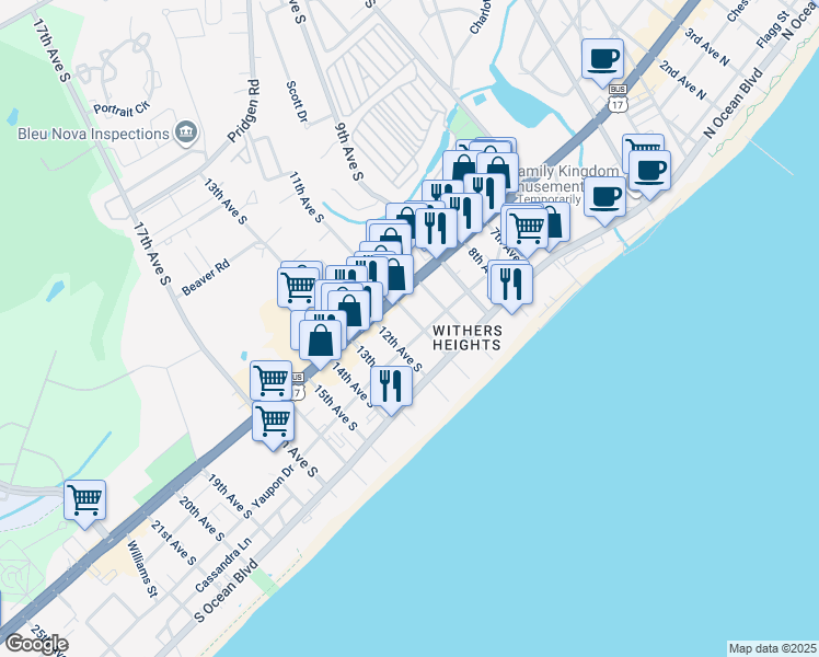 map of restaurants, bars, coffee shops, grocery stores, and more near 401 10th Avenue South in Myrtle Beach