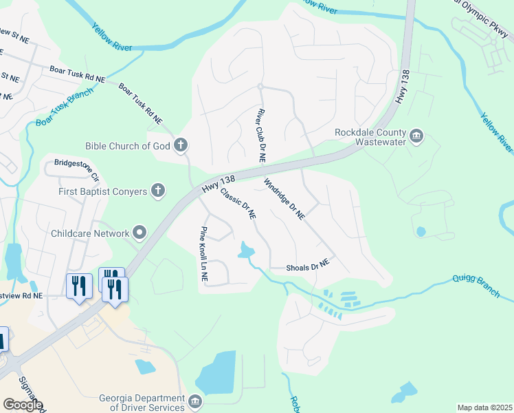 map of restaurants, bars, coffee shops, grocery stores, and more near 1325 Classic Drive Northeast in Conyers