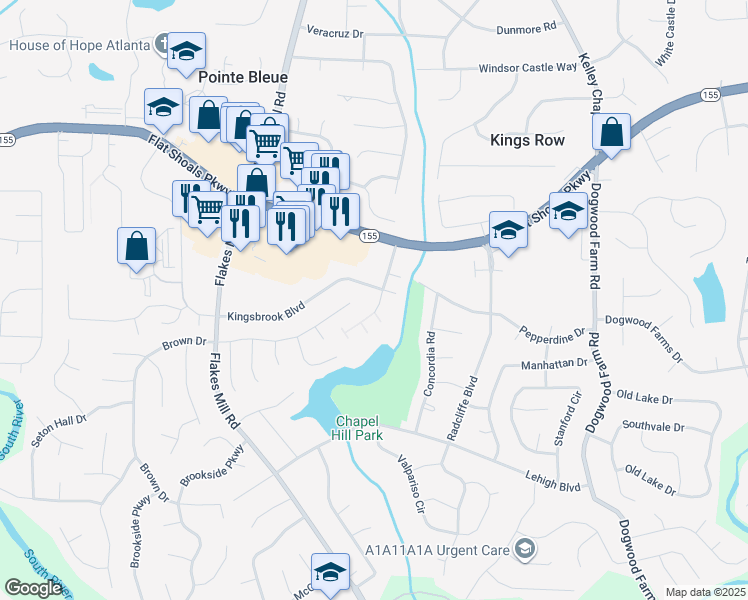 map of restaurants, bars, coffee shops, grocery stores, and more near 4019 Kingsbrook Boulevard in Decatur
