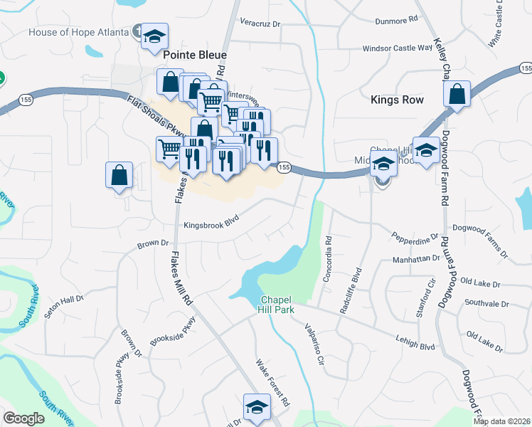 map of restaurants, bars, coffee shops, grocery stores, and more near 3981 Kingsbrook Boulevard in Decatur