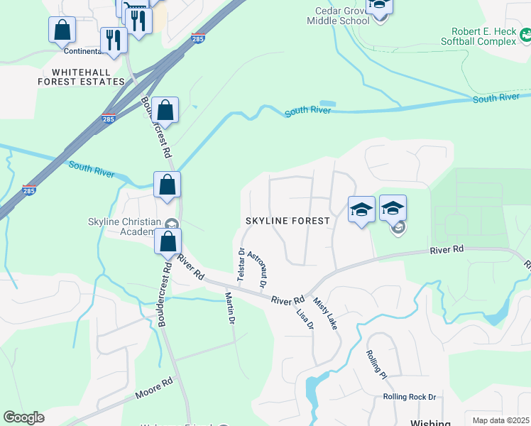 map of restaurants, bars, coffee shops, grocery stores, and more near 3589 Satellite Boulevard in Ellenwood