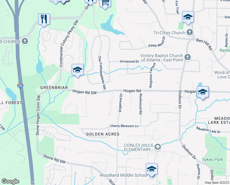 map of restaurants, bars, coffee shops, grocery stores, and more near 2960 Hogan Road in East Point