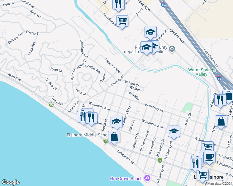 map of restaurants, bars, coffee shops, grocery stores, and more near 402 Davis Street in Lake Elsinore