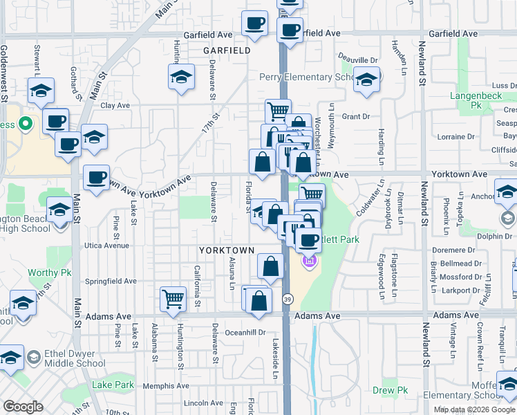 map of restaurants, bars, coffee shops, grocery stores, and more near 2308 Florida Street in Huntington Beach