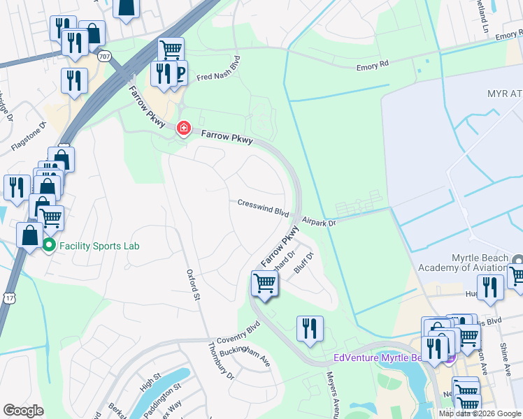 map of restaurants, bars, coffee shops, grocery stores, and more near 1947 Cresswind Boulevard in Myrtle Beach