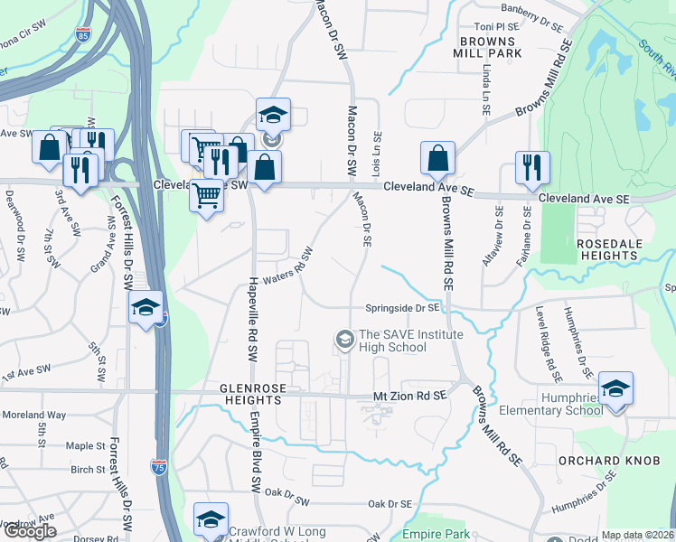 map of restaurants, bars, coffee shops, grocery stores, and more near 28 Springside Drive Southwest in Atlanta