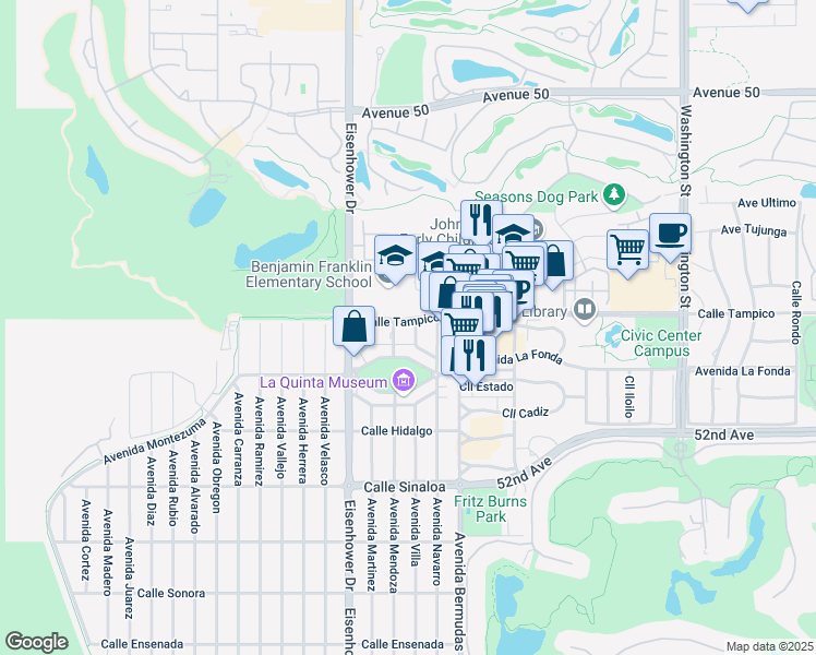 map of restaurants, bars, coffee shops, grocery stores, and more near 77855 Calle Tampico in La Quinta