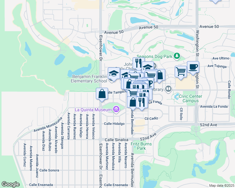 map of restaurants, bars, coffee shops, grocery stores, and more near 77855 Calle Tampico in La Quinta