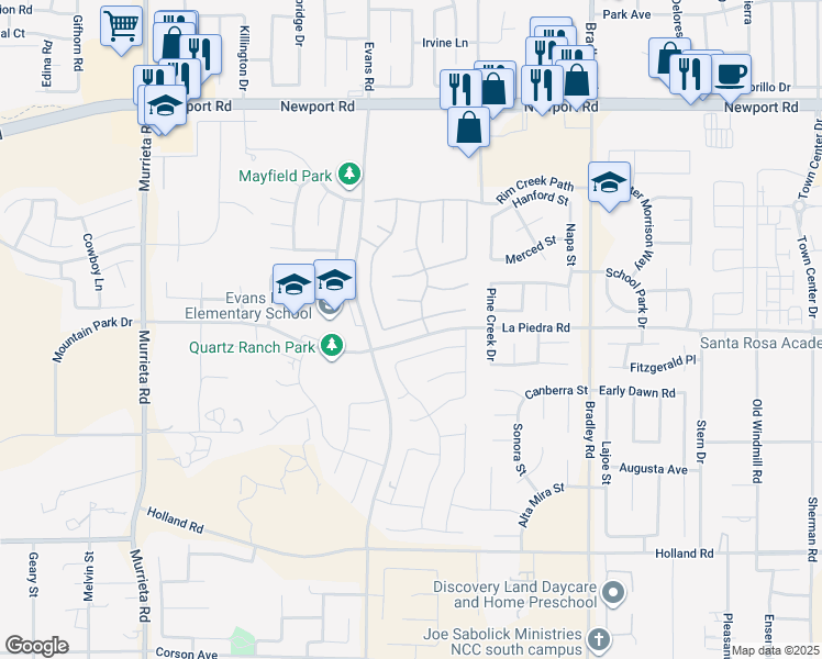 map of restaurants, bars, coffee shops, grocery stores, and more near 26633 Verdant Circle in Menifee