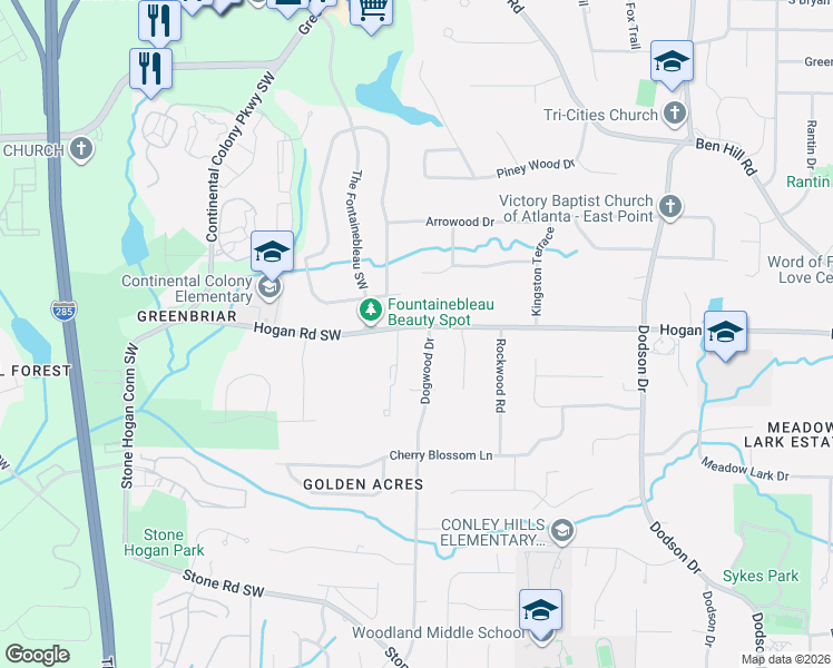 map of restaurants, bars, coffee shops, grocery stores, and more near 2960 Hogan Road in East Point