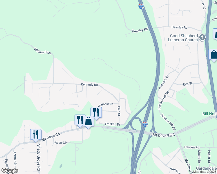 map of restaurants, bars, coffee shops, grocery stores, and more near 546 Kennedy Road in Gardendale