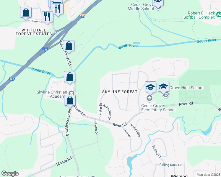 map of restaurants, bars, coffee shops, grocery stores, and more near 3589 Satellite Boulevard in Ellenwood