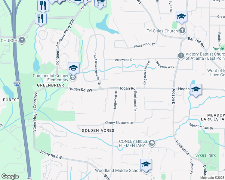 map of restaurants, bars, coffee shops, grocery stores, and more near 2960 Hogan Road in East Point