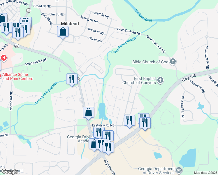 map of restaurants, bars, coffee shops, grocery stores, and more near 1668 East Brook Drive in Conyers