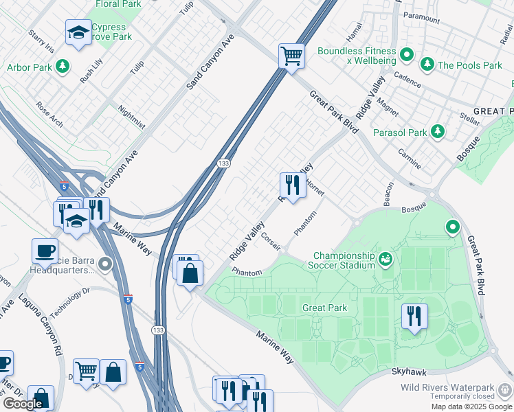 map of restaurants, bars, coffee shops, grocery stores, and more near 108 Copeland in Irvine