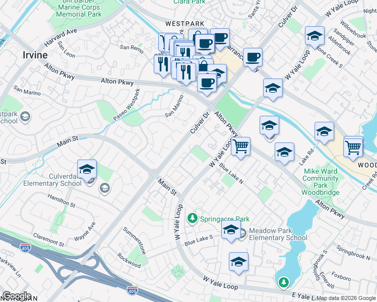 map of restaurants, bars, coffee shops, grocery stores, and more near in Irvine