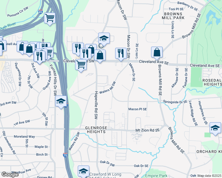 map of restaurants, bars, coffee shops, grocery stores, and more near 0 Springside Drive Southeast in Atlanta