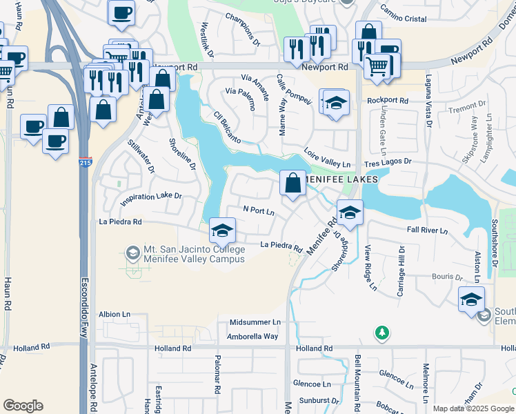 map of restaurants, bars, coffee shops, grocery stores, and more near 28638 North Port Lane in Menifee