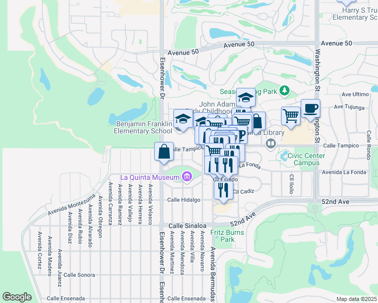 map of restaurants, bars, coffee shops, grocery stores, and more near 17855 Calle Tampico in La Quinta