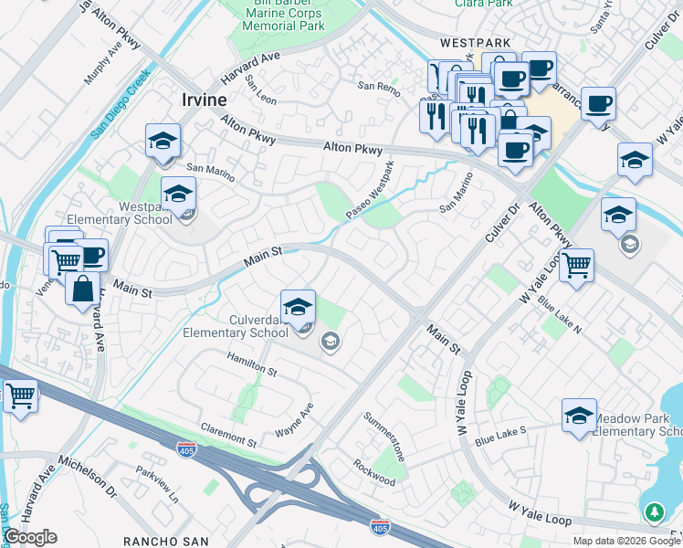 map of restaurants, bars, coffee shops, grocery stores, and more near 16 Salerno in Irvine