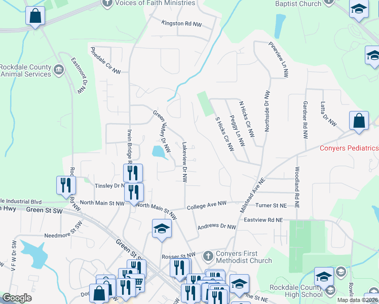 map of restaurants, bars, coffee shops, grocery stores, and more near 1113 McCords Corner Northwest in Conyers
