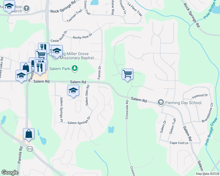 map of restaurants, bars, coffee shops, grocery stores, and more near 5460 Salem Road in Stonecrest