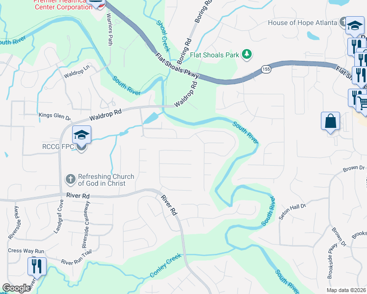 map of restaurants, bars, coffee shops, grocery stores, and more near 3887 Waldrop Hills Drive in Decatur