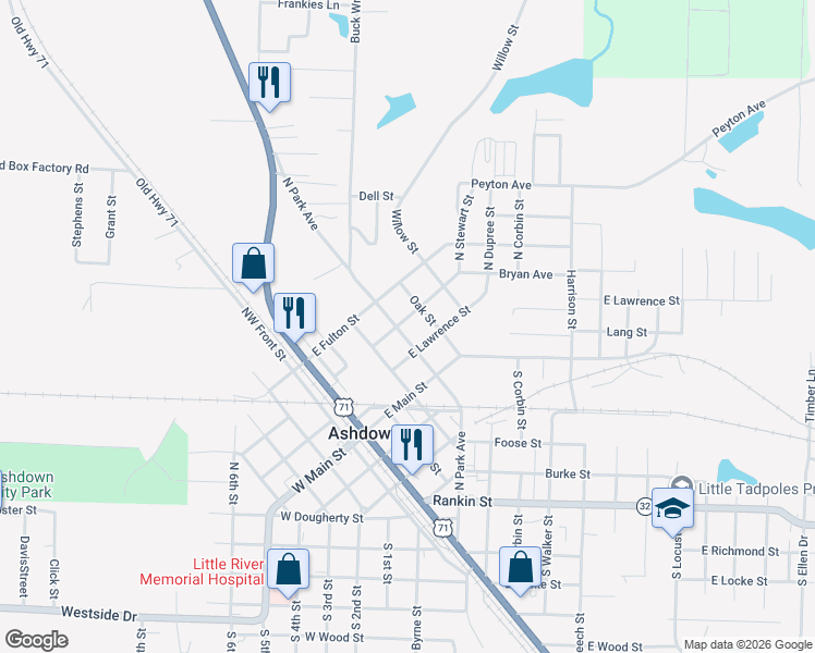 map of restaurants, bars, coffee shops, grocery stores, and more near 571 Oak Street in Ashdown