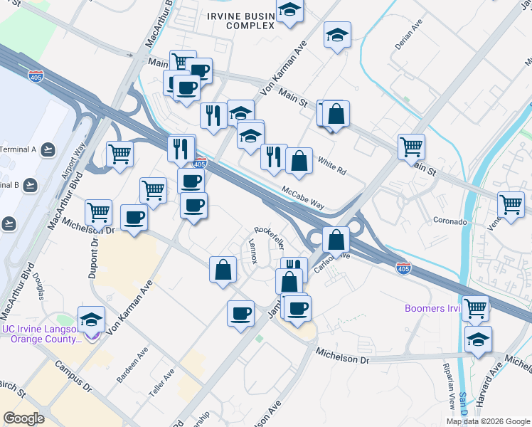 map of restaurants, bars, coffee shops, grocery stores, and more near 1100 Nolita in Irvine