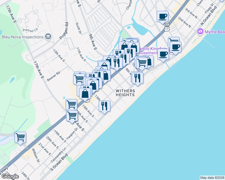 map of restaurants, bars, coffee shops, grocery stores, and more near 401 10th Avenue South in Myrtle Beach