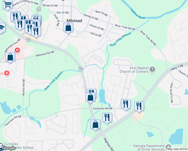 map of restaurants, bars, coffee shops, grocery stores, and more near 1244 Brookside Drive Northeast in Conyers