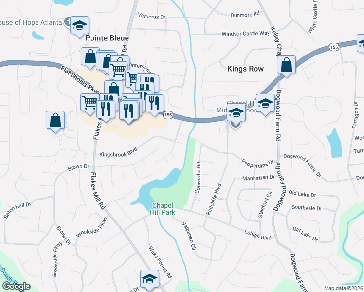 map of restaurants, bars, coffee shops, grocery stores, and more near 4052 Kingsbrook Boulevard in Decatur