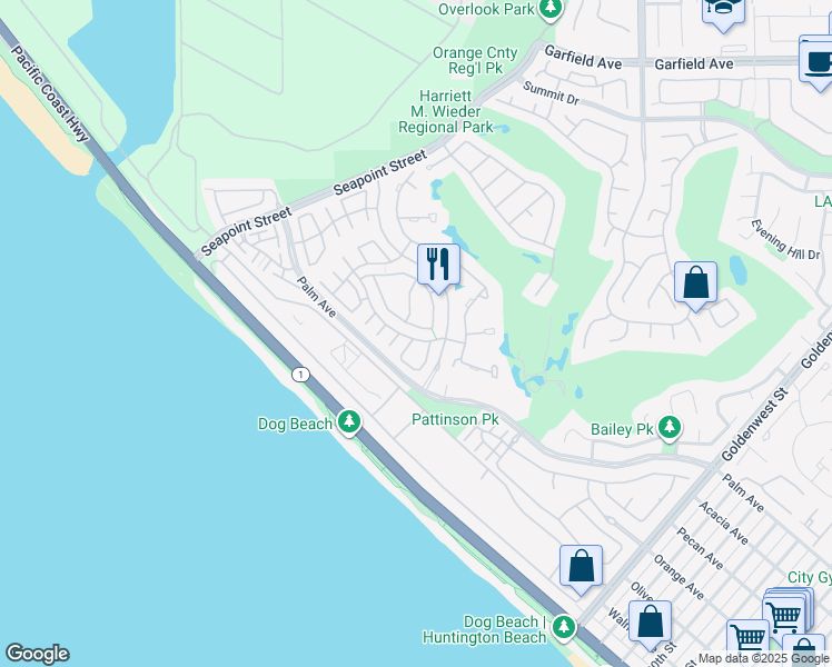 map of restaurants, bars, coffee shops, grocery stores, and more near 6195 Eaglecrest Drive in Huntington Beach
