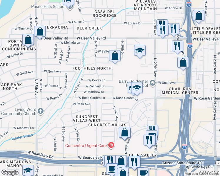 map of restaurants, bars, coffee shops, grocery stores, and more near 21043 North 30th Avenue in Phoenix