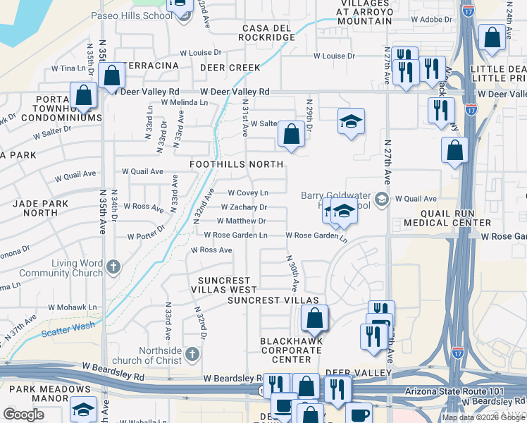 map of restaurants, bars, coffee shops, grocery stores, and more near 3034 West Zachary Drive in Phoenix
