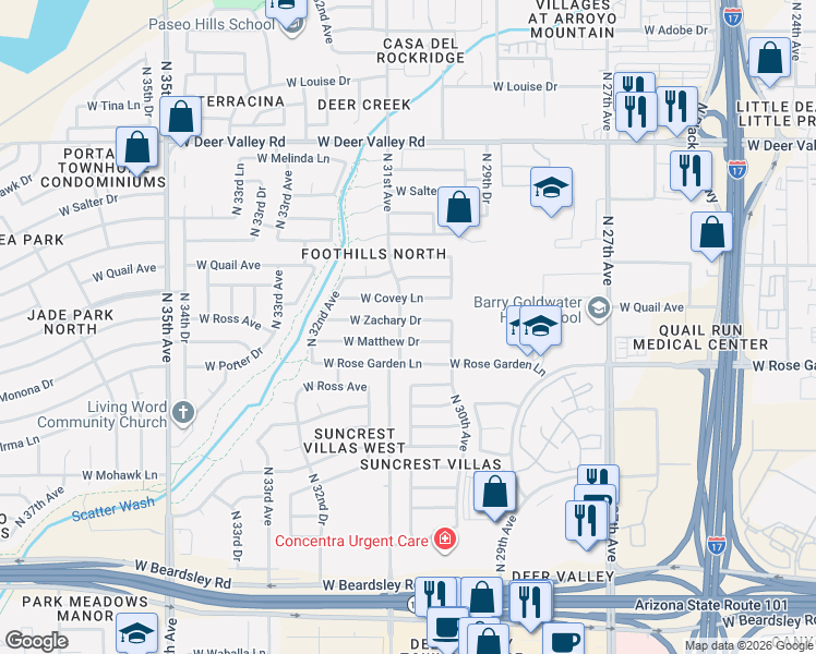 map of restaurants, bars, coffee shops, grocery stores, and more near 3034 West Zachary Drive in Phoenix