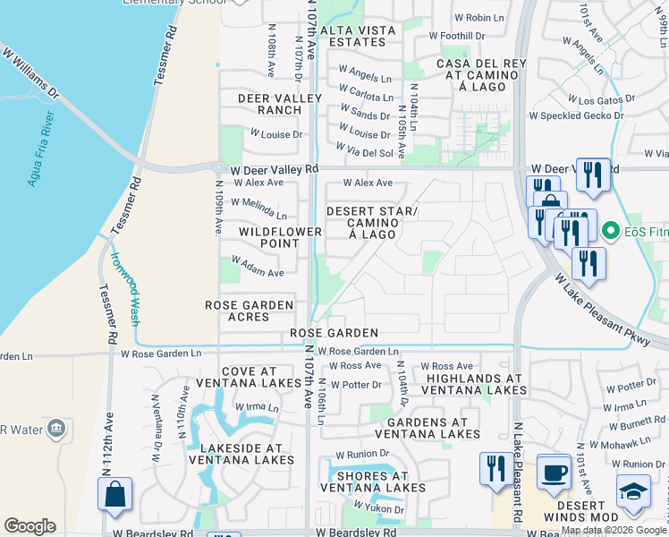 map of restaurants, bars, coffee shops, grocery stores, and more near 10617 West Adam Avenue in Peoria