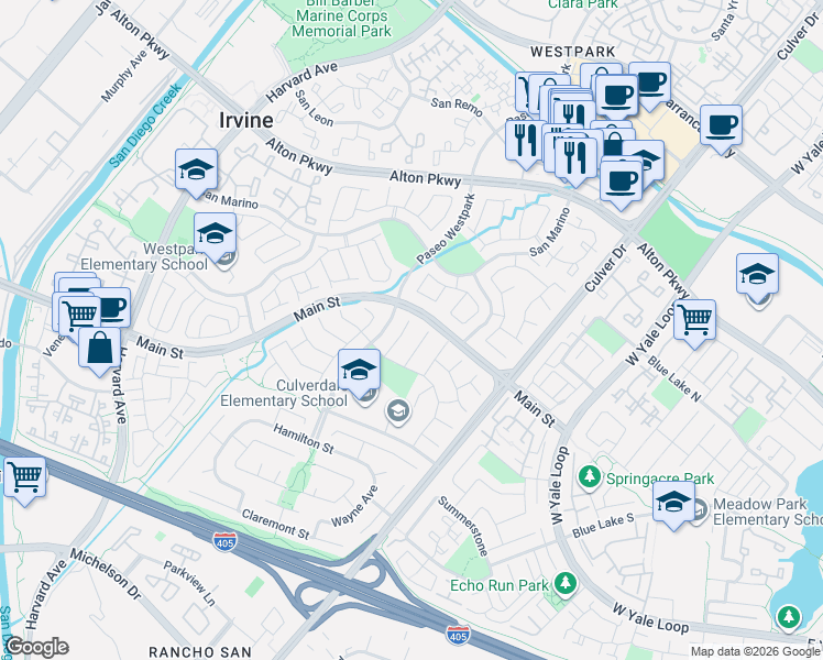 map of restaurants, bars, coffee shops, grocery stores, and more near 17 Salerno in Irvine