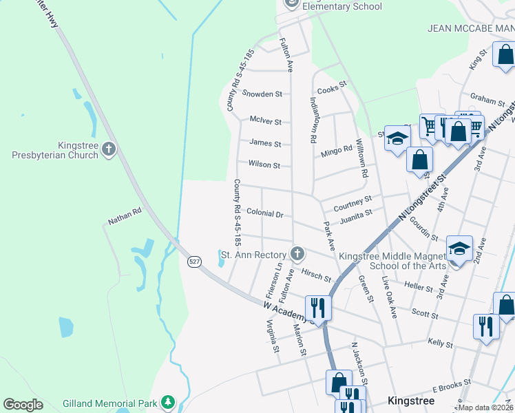map of restaurants, bars, coffee shops, grocery stores, and more near 311 Colonial Drive in Kingstree