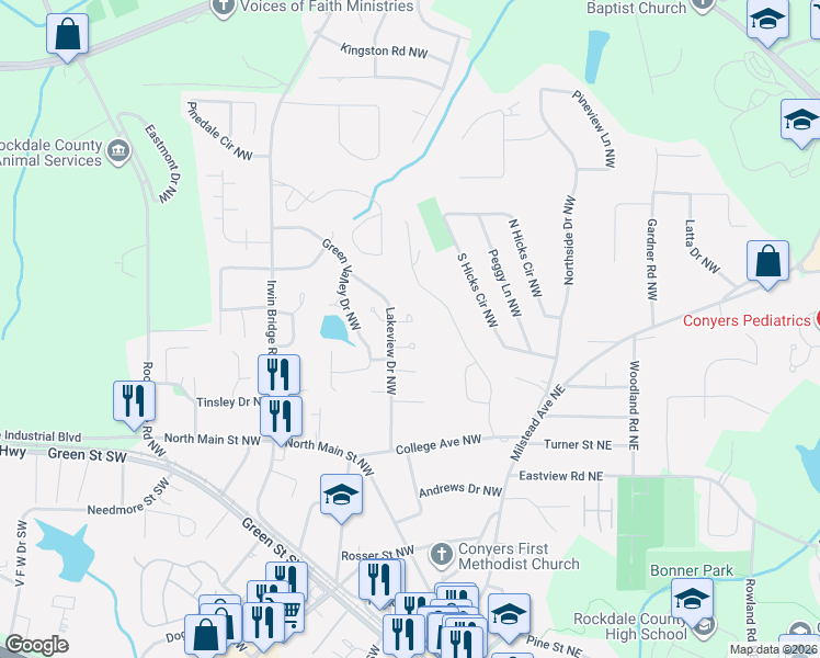 map of restaurants, bars, coffee shops, grocery stores, and more near 1113 McCords Corner Northwest in Conyers